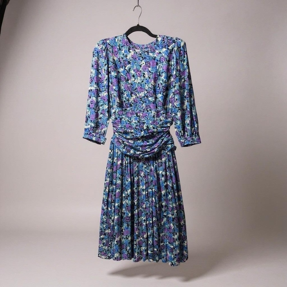 Vintage Floral‎ Print Pleated Midi Dress Women's Long Sleeve Ruched Waist